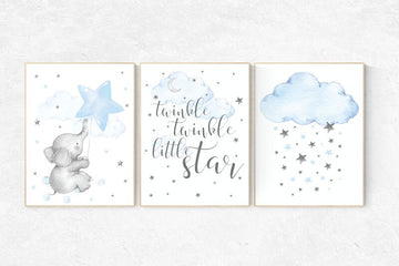 Nursery decor boy blue, nursery decor boy elephant, nursery wall art boy, twinkle twinkle little star, cloud and raindrops, elephant nursery