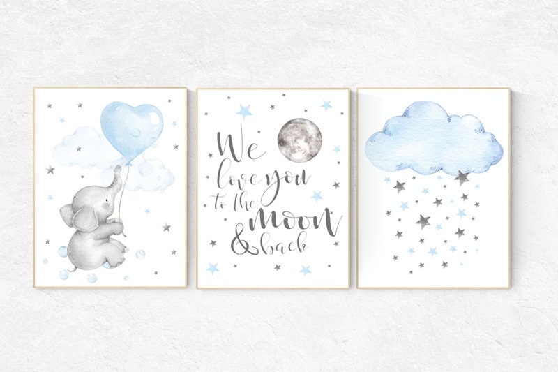 Elephant nursery, Blue and gray, we love you to the moon and back, Nursery decor boy, nursery decor, boys room, clouds and stars, blue grey