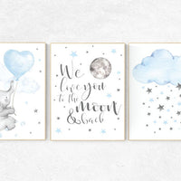 Elephant nursery, Blue and gray, we love you to the moon and back, Nursery decor boy, nursery decor, boys room, clouds and stars, blue grey