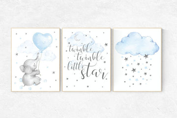 Nursery decor boy, nursery decor boy elephant, nursery wall art boy, twinkle twinkle little star, cloud and raindrops elephant nursery print