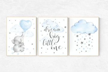 Elephant nursery, dream big little one, Blue and gray, Nursery decor boy, nursery decor, boys room decor, , clouds and stars, blue grey
