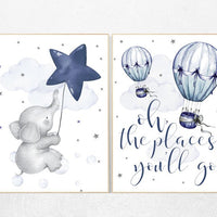 Nursery decor boy elephant, oh the places you'll go, navy nursery decor, cloud and stars, hot air balloon, navy blue nursery art. baby room