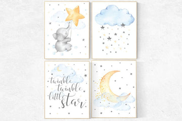 Nursery decor elephant, twinkle twinkle little star, cloud nursery decor, Nursery decor neutral moon and stars nursery, gender neutral