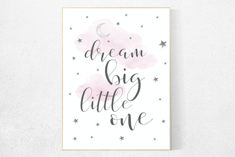 Pink nursery decor, nursery decor girl, nursery wall art girl, dream big little one, cloud and stars nursery, baby room wall art nursery art