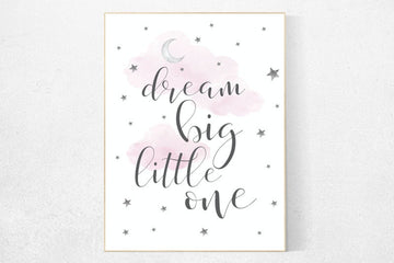 Pink nursery decor, nursery decor girl, nursery wall art girl, dream big little one, cloud and stars nursery, baby room wall art nursery art