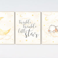 Nursery wall art elephant, Nursery decor neutral, gender neutral, twinkle twinkle little star, yellow nursery, cloud and stars, moon nursery