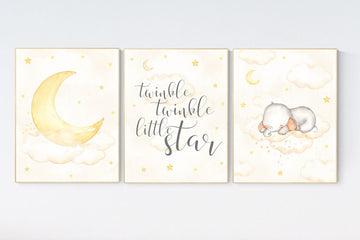 Nursery wall art elephant, Nursery decor neutral, gender neutral, twinkle twinkle little star, yellow nursery, cloud and stars, moon nursery