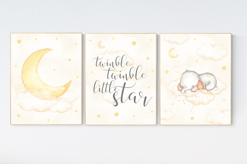 Nursery wall art elephant, Nursery decor neutral, gender neutral, twinkle twinkle little star, yellow nursery, cloud and stars, moon nursery