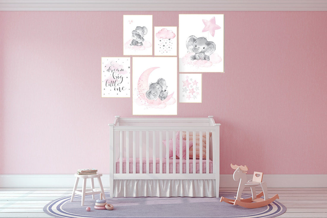 Nursery wall art girl elephant, pink and gray, nursery decor girl pink, dream big little one, cloud, stars, nursery prints, baby room decor