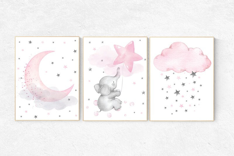 Nursery decor girl pink and gray, elephant nursery, nursery decor girl pink, pink and grey, cloud and stars, pink nursery, pink gray nursery