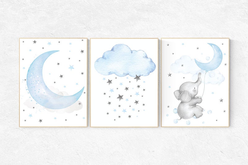 Nursery decor elephant, nursery wall art elephant, Blue and gray, Nursery decor boy, nursery decor, nursery wall art boy animals, moon print