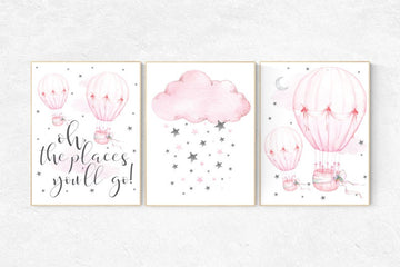 Nursery decor girl pink and gray, hot air balloon, pink and grey, cloud and stars, hot air balloons, nursery wall art, nursery wall art