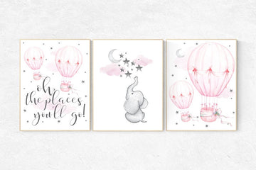 Nursery decor girl elephant, pink and gray, hot air balloon, pink grey, cloud and stars, hot air balloons, nursery wall art, nursery prints