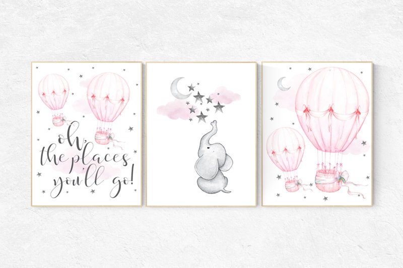 Nursery decor girl elephant, pink and gray, hot air balloon, pink grey, cloud and stars, hot air balloons, nursery wall art, nursery prints