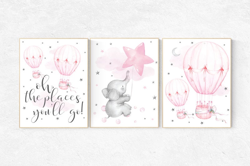 Nursery decor girl elephant, pink and gray, hot air balloon, pink grey, cloud and stars, hot air balloons, nursery wall art, nursery prints