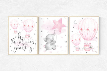Nursery decor girl elephant, pink and gray, hot air balloon, pink grey, cloud and stars, hot air balloons, nursery wall art, nursery prints