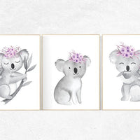 Koala nursery decor, koala nursery print, nursery decor girl floral, purple nursery decor, lilac, koala nursery art, nursery wall art