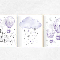 Nursery decor girl purple, nursery decor elephant, Nursery decor girl lavender and gray, hot air balloons, lilac nursery wall art. cloud