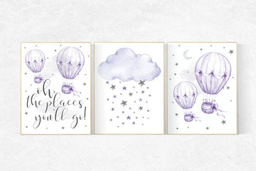 Nursery decor girl purple, nursery decor elephant, Nursery decor girl lavender and gray, hot air balloons, lilac nursery wall art. cloud
