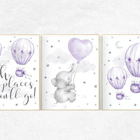 Nursery decor girl elephant, nursery decor girl purple, hot air balloon, lavender nursery, lilac nursery wall art. cloud and stars nursery