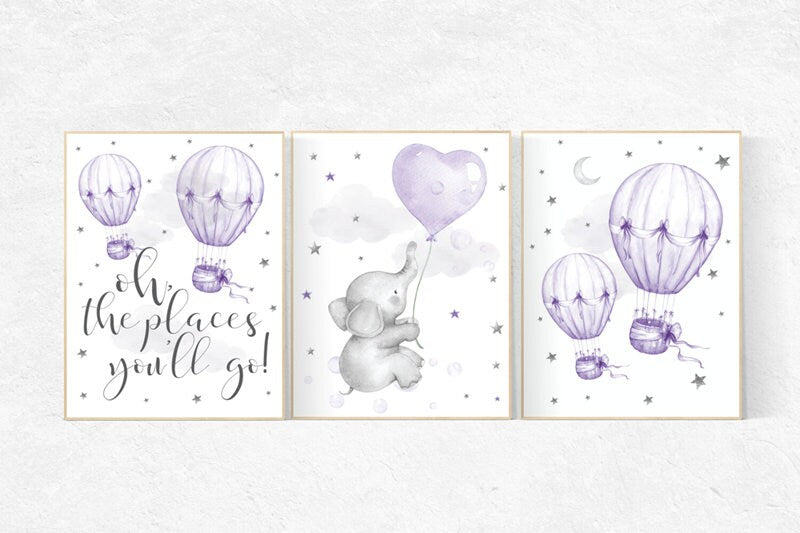 Nursery decor girl elephant, nursery decor girl purple, hot air balloon, lavender nursery, lilac nursery wall art. cloud and stars nursery