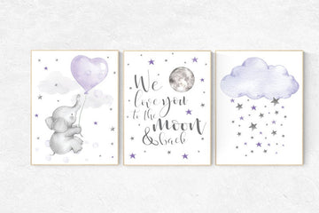 Nursery decor girl lavender and gray, Nursery decor girl purple, elephant nursery, lilac nursery, we love you to the moon and back, purple