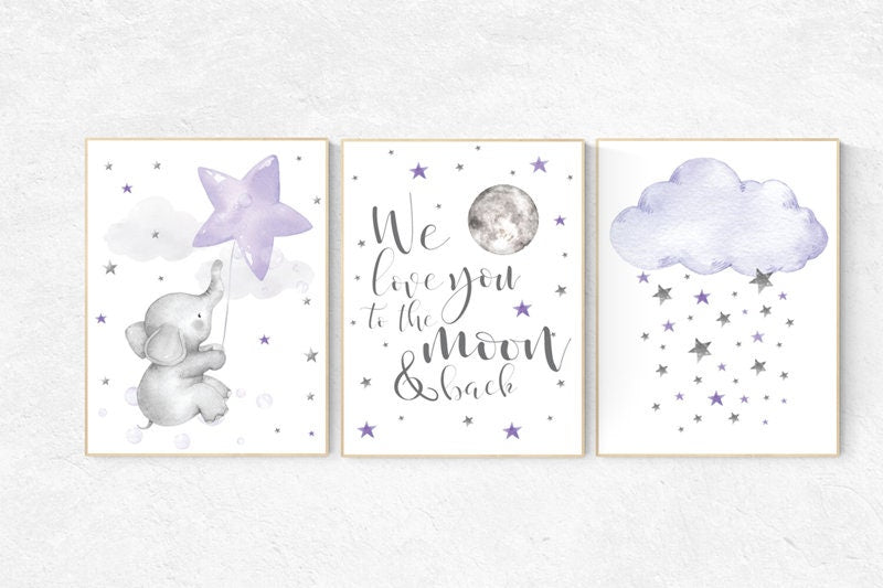 Nursery decor girl lavender and gray, Nursery decor girl purple, elephant nursery, lilac nursery, we love you to the moon and back, purple