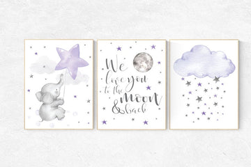 Nursery decor girl lavender and gray, Nursery decor girl purple, elephant nursery, lilac nursery, we love you to the moon and back, purple