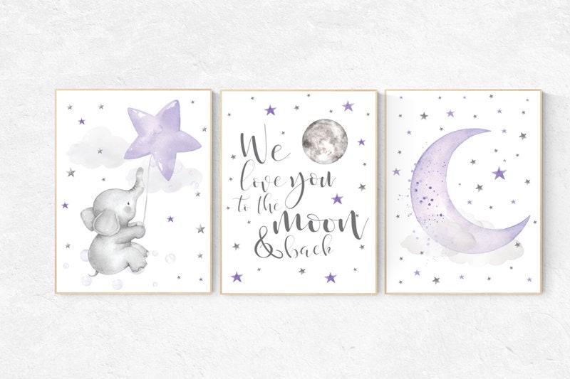 Nursery decor girl purple, elephant nursery, lavender and gray, lilac, we love you to the moon and back, moon nursery, girl nursery ideas