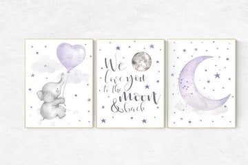 Nursery decor girl lavender and gray, Nursery decor girl purple, elephant nursery, lilac nursery, we love you to the moon and back, purple