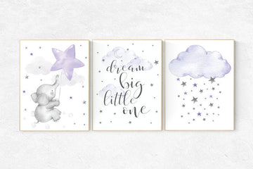 Nursery decor girl elephant, purple nursery, lilac nursery, dream big little one, purple nursery, Nursery decor girl lavender and gray,
