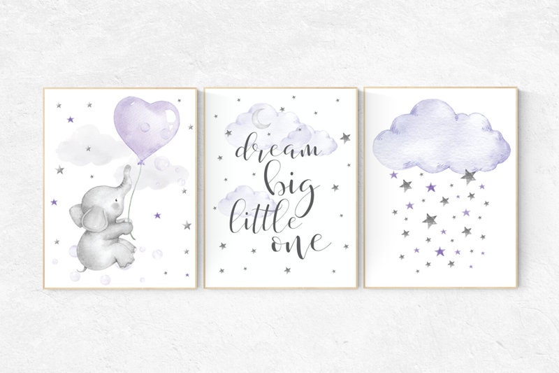 Nursery decor girl elephant, purple nursery, lilac nursery, dream big little one, purple nursery, Nursery decor girl lavender and gray,