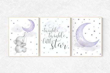 Nursery decor elephant, Nursery decor girl purple, nursery wall art, lavender and gray, lilac nursery, twinkle twinkle little star, purple