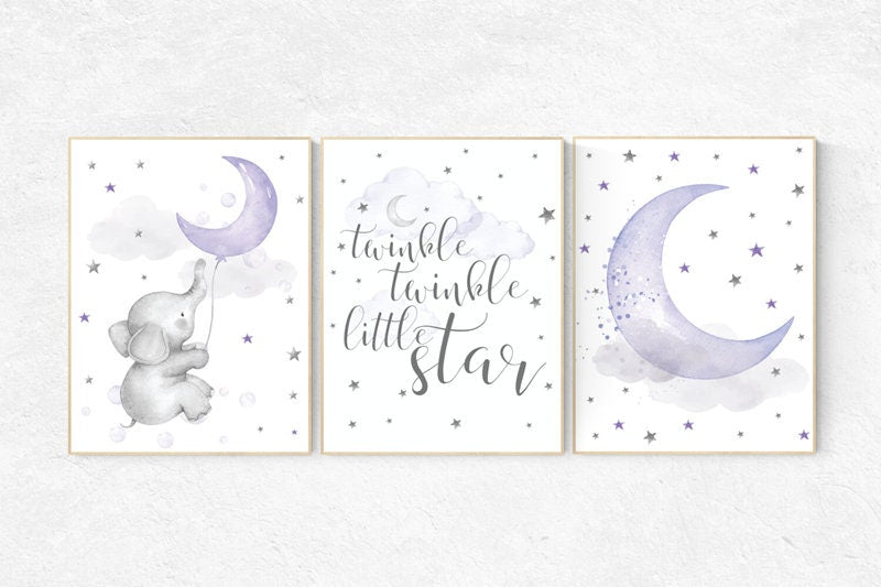 Nursery decor elephant, Nursery decor girl purple, nursery wall art, lavender and gray, lilac nursery, twinkle twinkle little star, purple