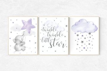 Nursery decor elephant, Nursery decor girl purple, nursery wall art, lavender and gray, lilac nursery, twinkle twinkle little star, purple