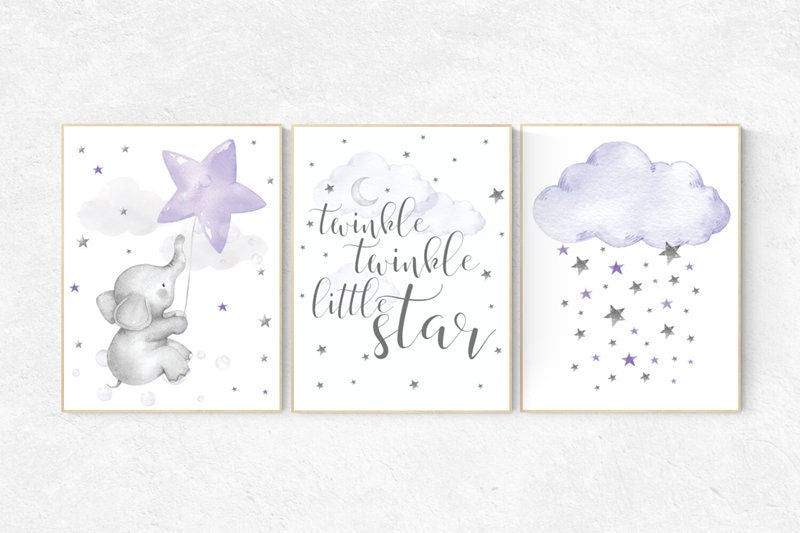Nursery decor elephant, Nursery decor girl purple, nursery wall art, lavender and gray, lilac nursery, twinkle twinkle little star, purple