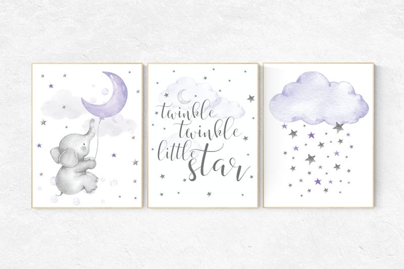 Nursery decor girl purple, nursery wall art, Nursery decor elephant, lavender and gray, lilac nursery, twinkle twinkle little star, purple