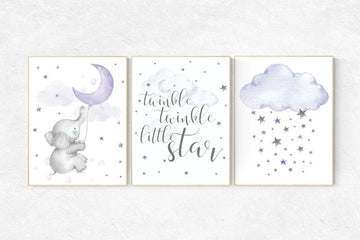 Nursery decor girl purple, nursery wall art, Nursery decor elephant, lavender and gray, lilac nursery, twinkle twinkle little star, purple