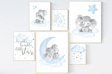Nursery decor elephant, nursery wall art boy, Blue grey, cloud and stars nursery, elephant nursery art, moon nursery art, baby room wall art