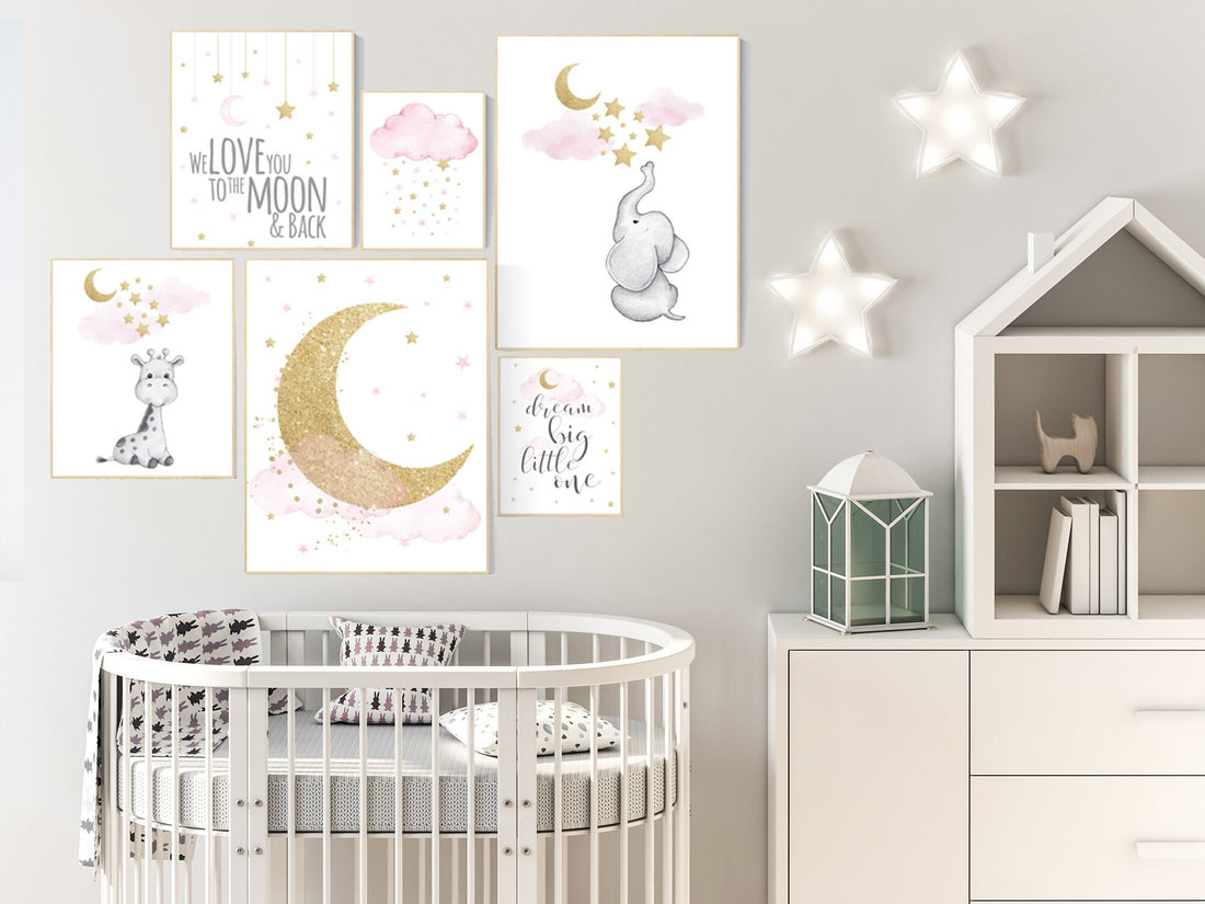 Nursery decor girl elephant, pink and gold nursery, we love you to the moon and back, pink nursery wall art, moon and stars nursery art