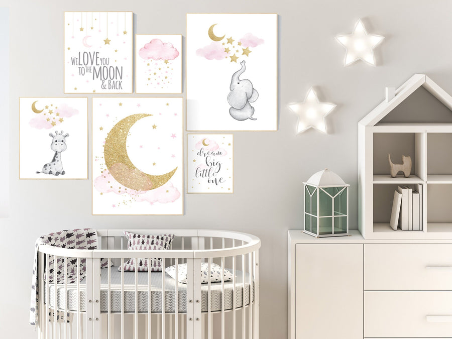 Nursery decor girl elephant, pink and gold nursery, we love you to the moon and back, pink nursery wall art, moon and stars nursery art