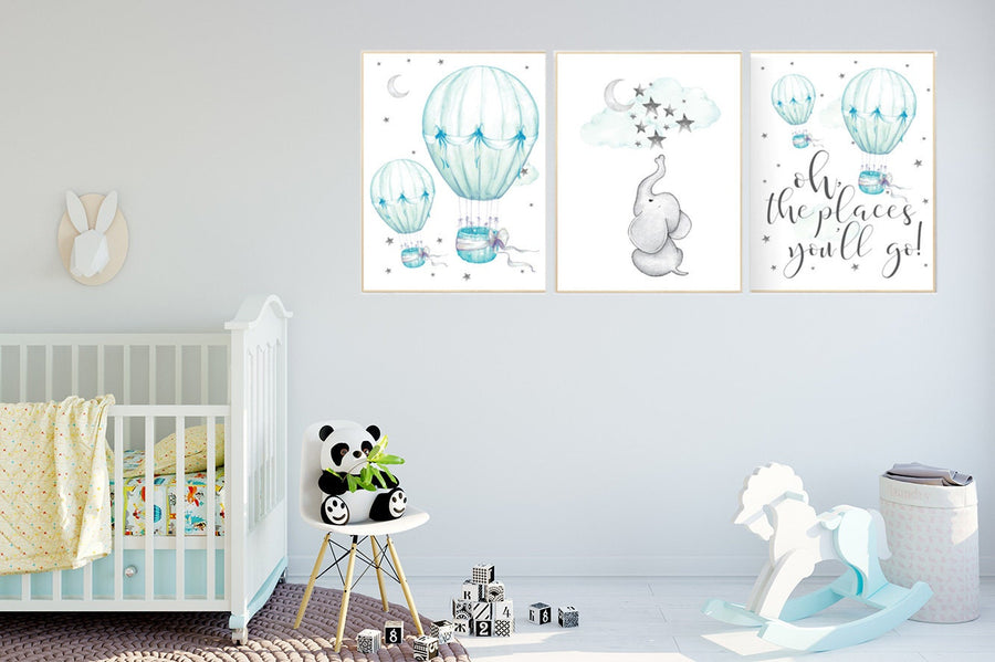 Mint nursery decor, nursery decor elephant, hot air balloon, gender neutral nursery, oh the places you'll go, mint green nursery wall art