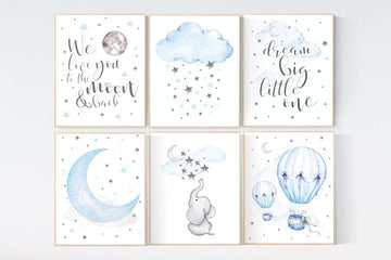 Nursery decor boy elephant, nursery wall art boy, moon and stars, hot air balloon, elephant nursery art, Blue and gray, cloud nursery