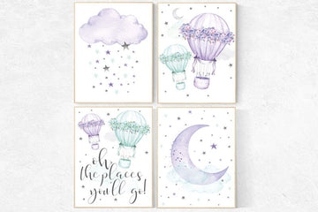 Nursery decor girl purple turquoise, nursery decor girl purple, lilac, lavender, mint, nursery decor girl hot air balloon, nursery wall art