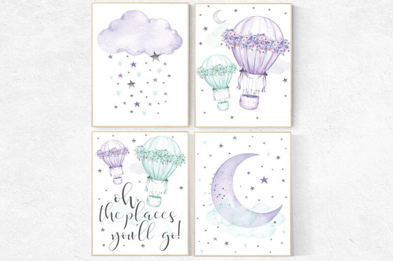 Nursery decor girl purple turquoise, nursery decor girl purple, lilac, lavender, mint, nursery decor girl hot air balloon, nursery wall art
