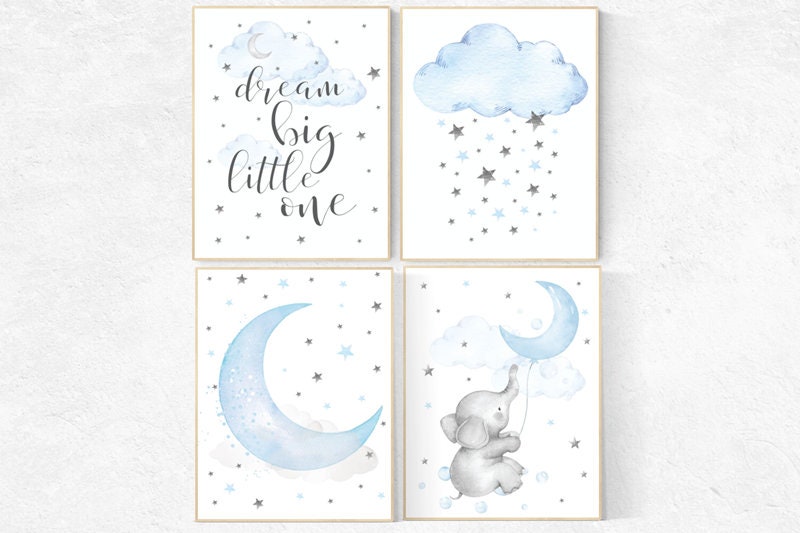 Nursery decor elephant, Nursery decor boy, nursery wall art, dream big little one, nursery prints, blue nursery decor, cloud and star