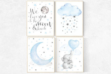 Nursery decor elephant, Nursery decor boy, nursery wall art, we love you to the moon and back, nursery art, blue nursery decor, cloud star