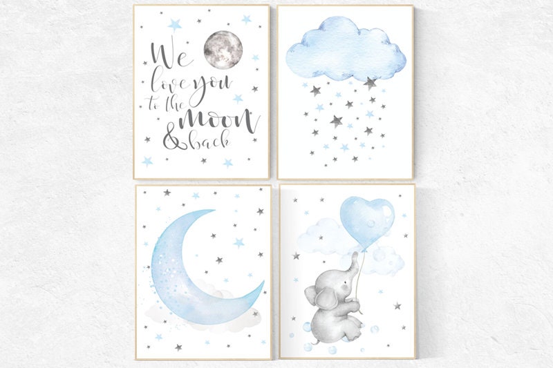 Nursery decor elephant, Nursery decor boy, nursery wall art, we love you to the moon and back, nursery art, blue nursery decor, cloud star