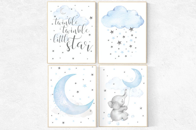 Elephant nursery, Nursery decor boy, nursery wall art, twinkle twinkle little star, nursery art, blue nursery decor, cloud and star nursery
