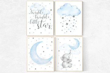Elephant nursery, Nursery decor boy, nursery wall art, twinkle twinkle little star, nursery art, blue nursery decor, cloud and star nursery